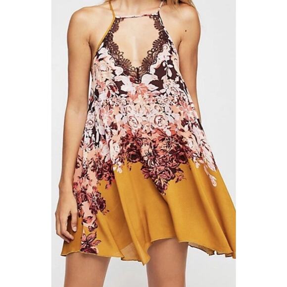 Free People Intimately Ochre Floral Lace Mini Dress XS Boho Cottagecore Trapeze - Picture 1 of 7
